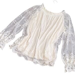 Charter Club Sheer Ecru Embroidered Lace Long Sleeve with Lining Size XL